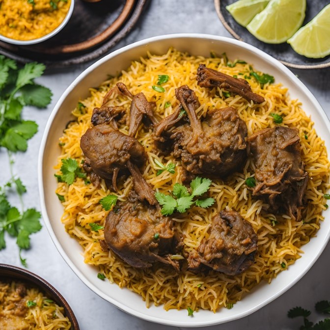 mutton dum biryani served in bowl with curry