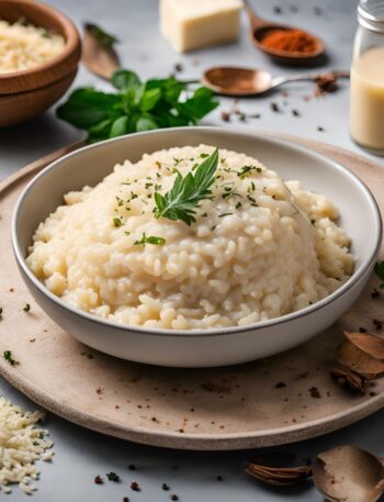 completed parmesan cheese risotto recipe served in a plate