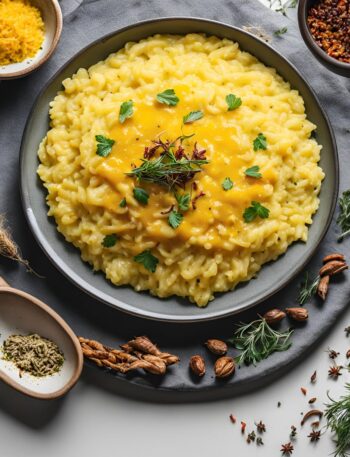 completed saffron risotto recipe served in a plate