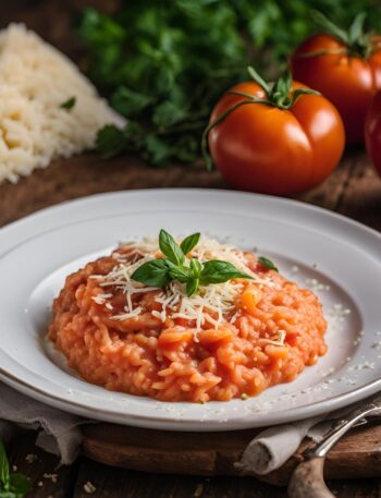 tomato risotto recipe served in a plate
