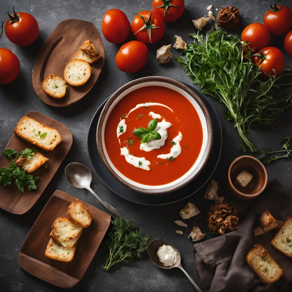 tomato soup served in a bowl with croutons and few bread sliecs