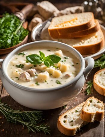 chicken gnocchi soup recipe served in a bowl with some bread