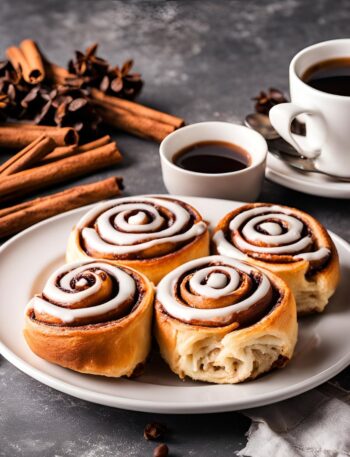 cinnamon rolls recipe- cinnamon rolls served in a plate with a cup of coffee