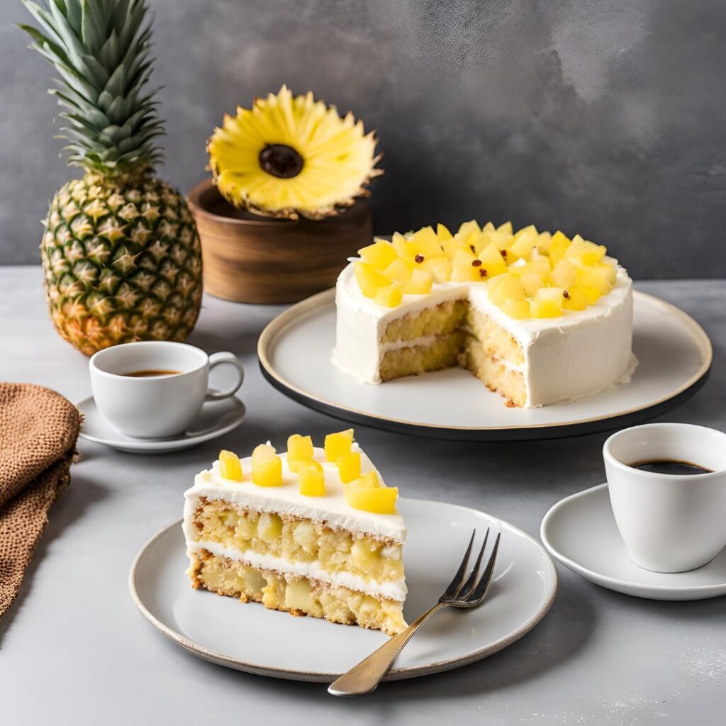 pineapple cake recipe served in a plate with a cup of coffee