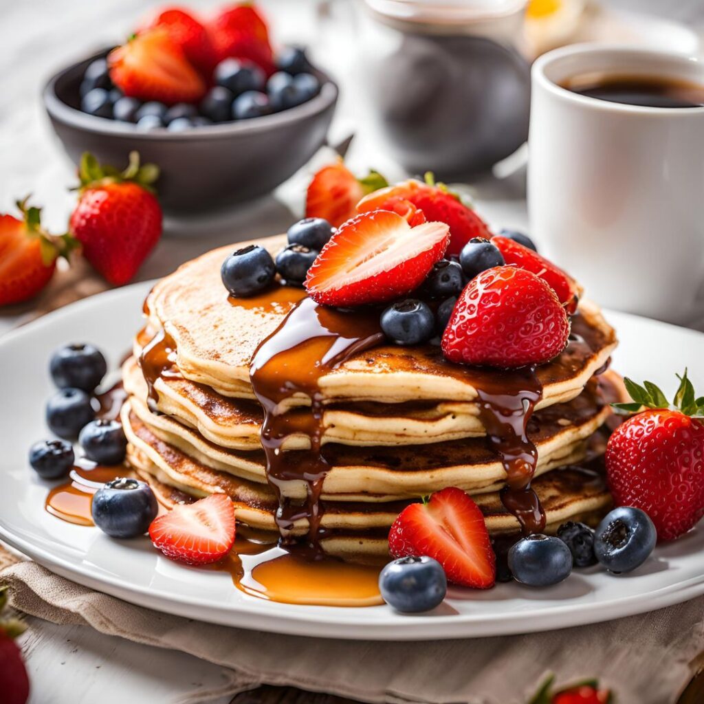 buttermilk pancakes served with fruites and a cup of coffee...