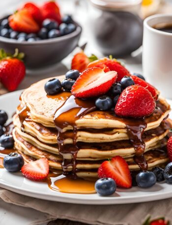 buttermilk pancakes served with fruites and a cup of coffee...