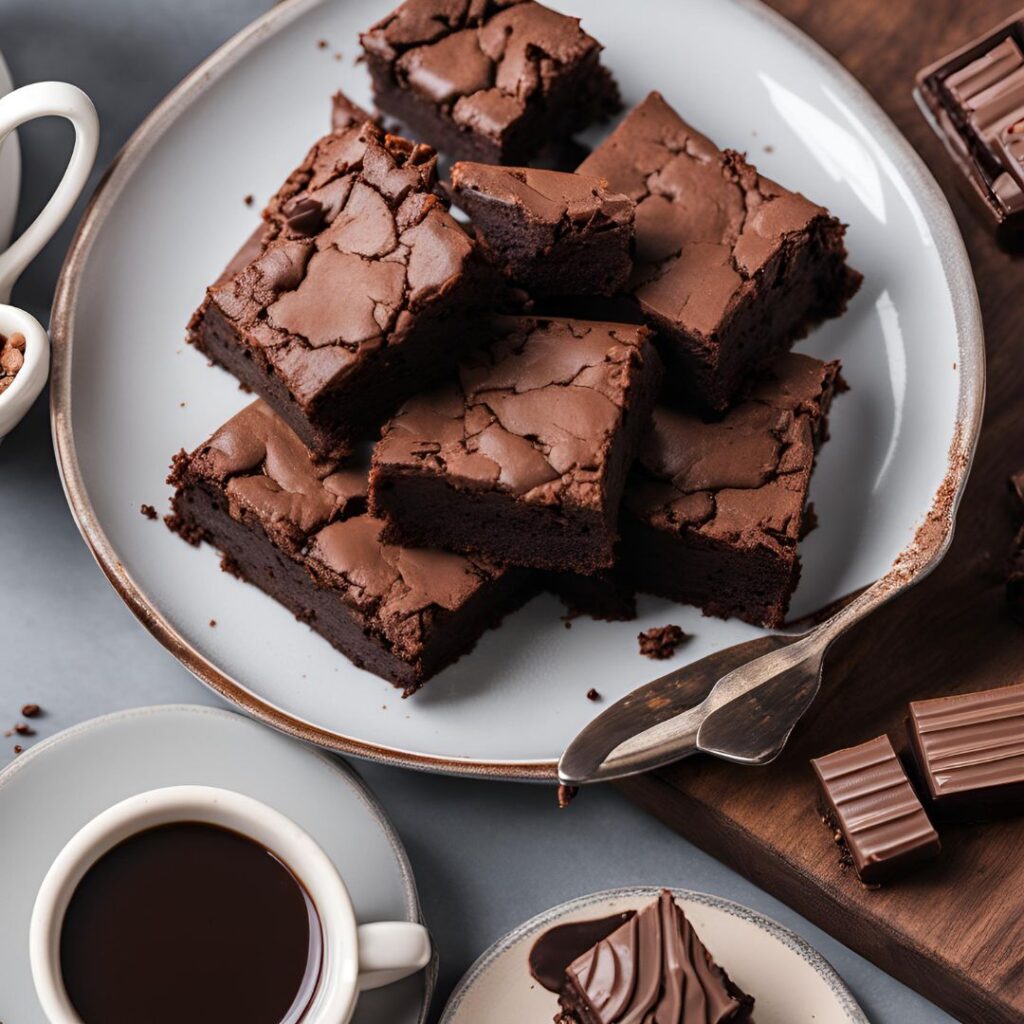 chocolate brownies served in plate with a cup of coffee