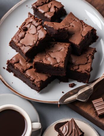 chocolate brownies served in plate with a cup of coffee