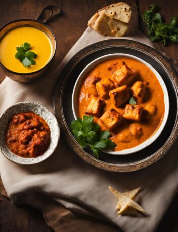 paneer tikka masala served in a bowl with naan